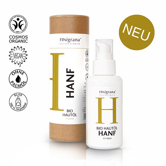 Finigrana Bio Hanf Hautöl in Papphülse und Opalglasverpackung.