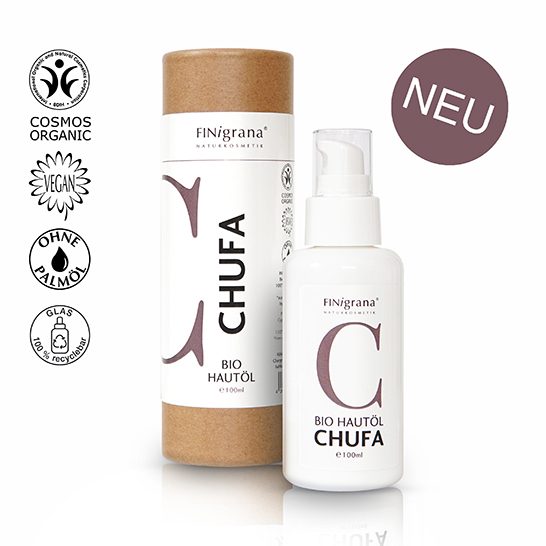 Finigrana Bio Chufa Hautöl in Papphülse und Opalglasverpackung.