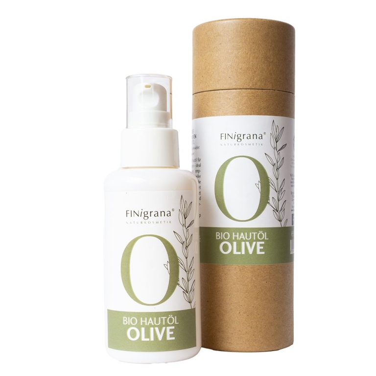 Finigrana Bio Oliven Hautöl in Papphülse und Opalglasverpackung.