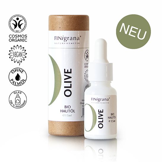 Finigrana Bio Oliven Hautöl in Papphülse und Opalglasverpackung.