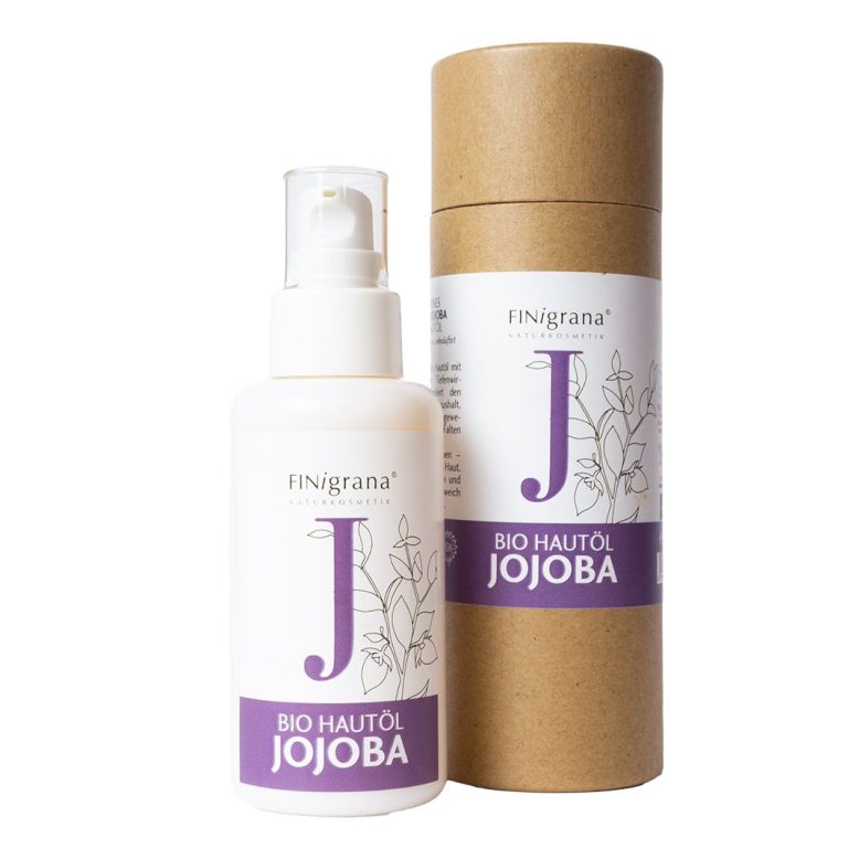Finigrana Bio Jojoba Hautöl in Papphülse und Opalglasverpackung.